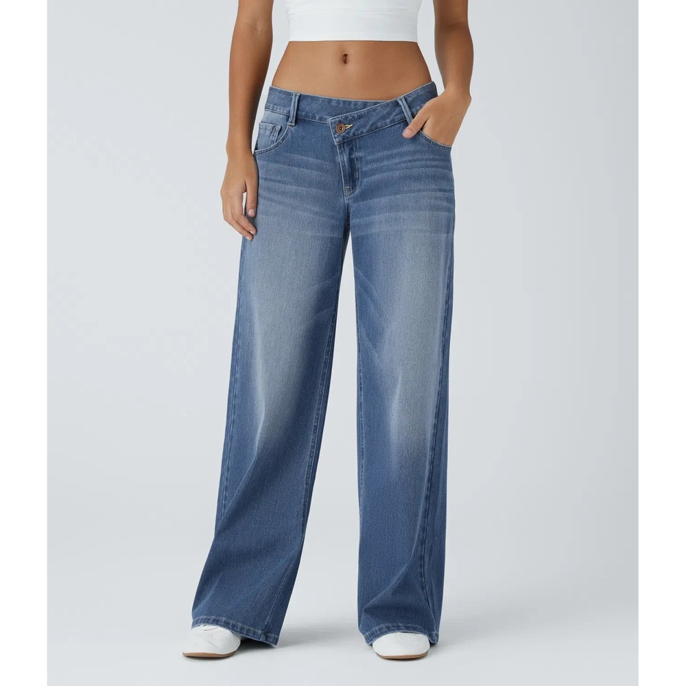 Halara Flex Asymmetric Low Rise Baggy Wide Leg Washed Casual Jeans Large Reg